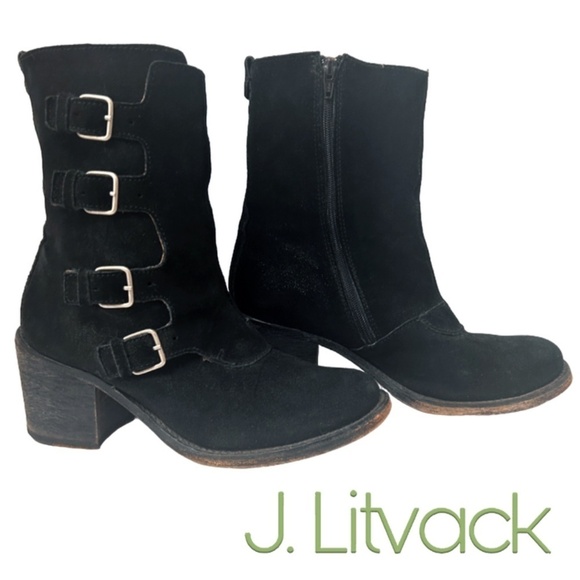 JL J. Litvack Moto Boots Booties Black Suede Four Buckle Chunky Stacked Heel - Picture 14 of 16